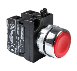 Нажимная кнопка EMAS с подсветкой красный светодиод 12-30V AC/DC, красная (2НО) CM161DK - фото 385692