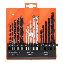 Набор сверл по бетону, металлу, дереву 4-5-6-8-10 мм, 15 шт, пластиковый бокс, цилиндрический хвостовик Sparta 725085 - фото 751454