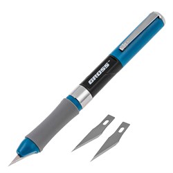 Нож для дизайна, выдвижное перовое лезвие, двухкомпонентная рукоятка, металлическая клипса для фиксации, 150 мм, 2 запасных лезвия Gross 78885 - фото 786210