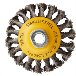 Щетка для УШМ, 100 мм, "Тарелка", крученая нержавеющая проволока 0.5 мм, М14 Denzel 746093 - фото 789016