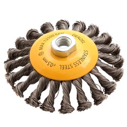 Щетка для УШМ, 125 мм, "Тарелка", крученая нержавеющая проволока 0.5 мм, М14 Denzel 746113 - фото 789024