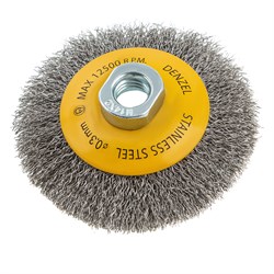 Щетка для УШМ, 100 мм, "Тарелка", витая нержавеющая проволока 0.3 мм, М14 Denzel 746083 - фото 789673