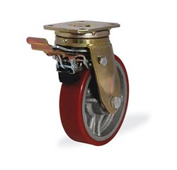 Колесо большегрузное поворотное KAMA 250 мм чугунное/полиуретан с тормозом 1026482 - фото 816365