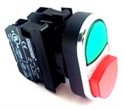 Сдвоенная нажимная кнопка EMAS красно-зеленая выступающая, с подсветкой красным cветодиодом 100-230V AC (1НО+1НЗ) B1K2K21KY