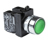 Нажимная кнопка EMAS зеленая с подсветкой зеленым cветодиодом 100-230V AC (1НО+1НЗ) CM1Y2DY
