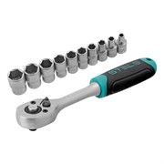 Набор торцевых головок, 1/4", головки 4 - 13 мм, с трещот. ключом, CrV,11 предметов Stels 14125